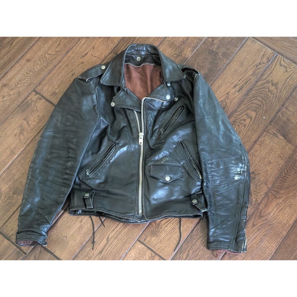 Vintage 70s Black Leather Motorcycle Jacket Mens 38 Talon Zip Biker